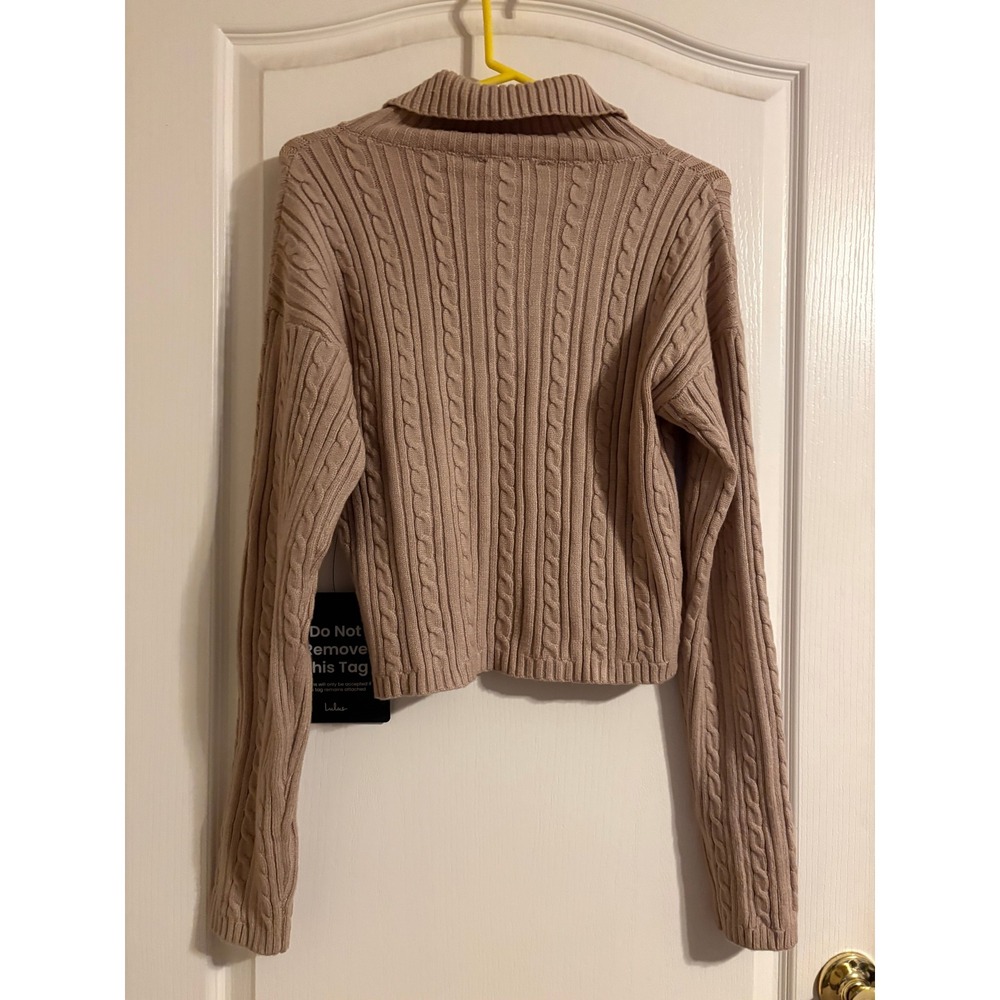 Lulus Tan Cable Knit Zip-Up Cropped Sweater Collared Ribbed Cardigan Large NEW - Picture 2 of 6